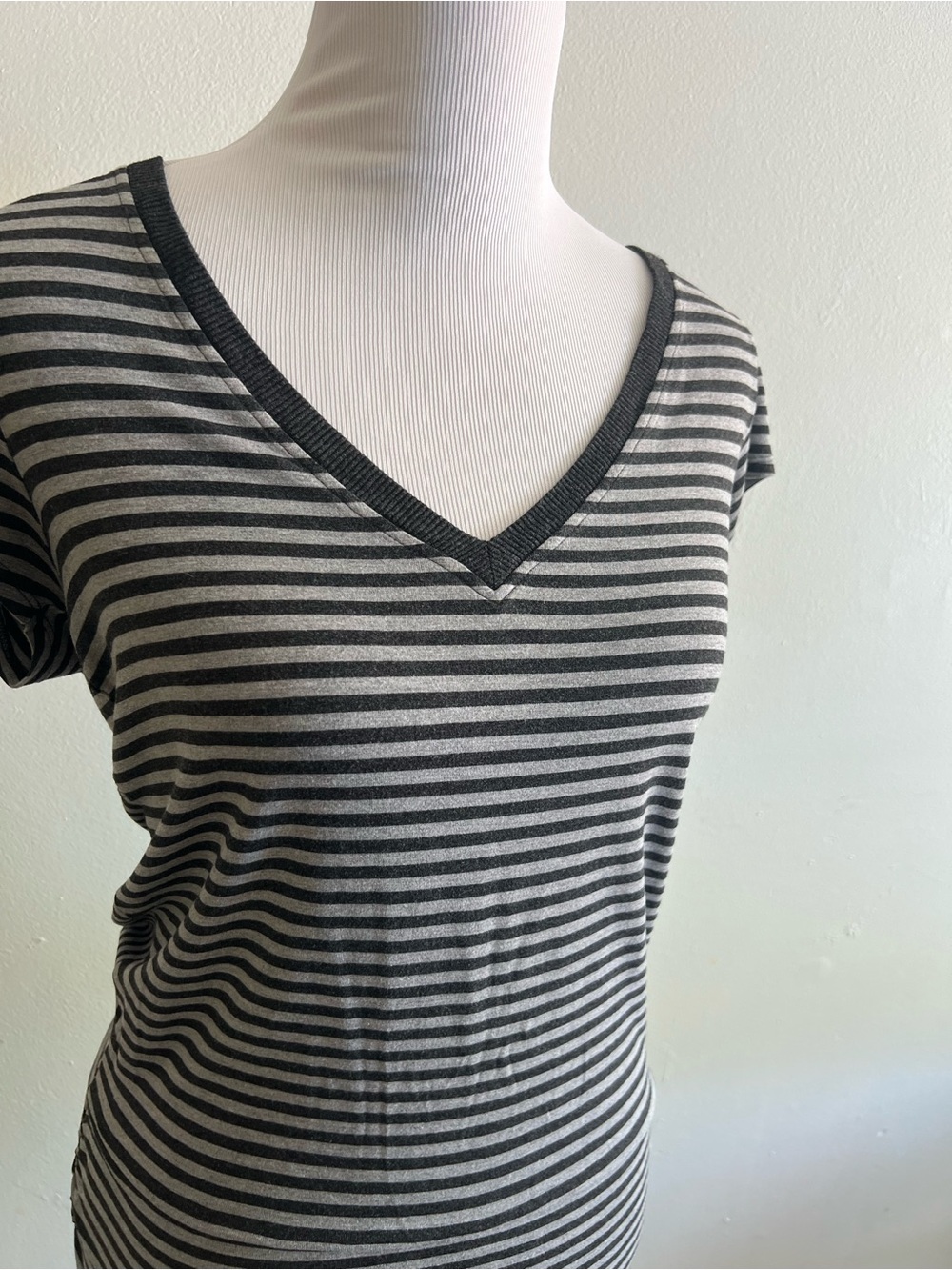 Athleta Striped V-Neck Midi Dress — Black & Gray